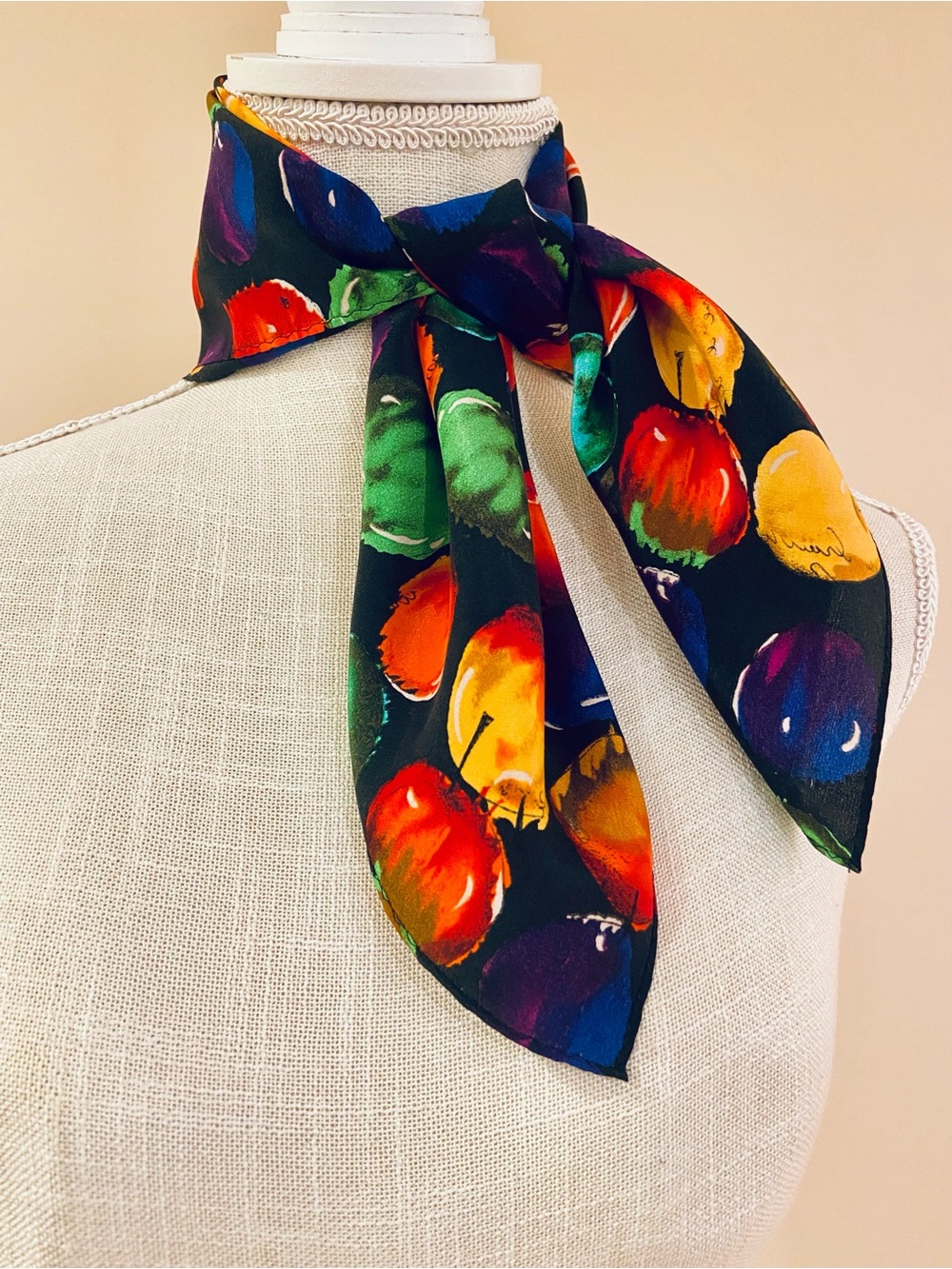 Echo Silk Scarf Vintage 1970s Colorful Modern Art Apples Red Orange Gold Green
